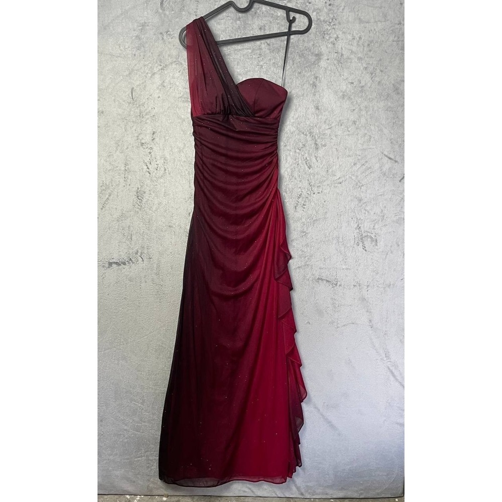 Vintage Y2K Blondie Nites Burgundy Glitter Mesh One Shoulder Ruched Prom Gown 1